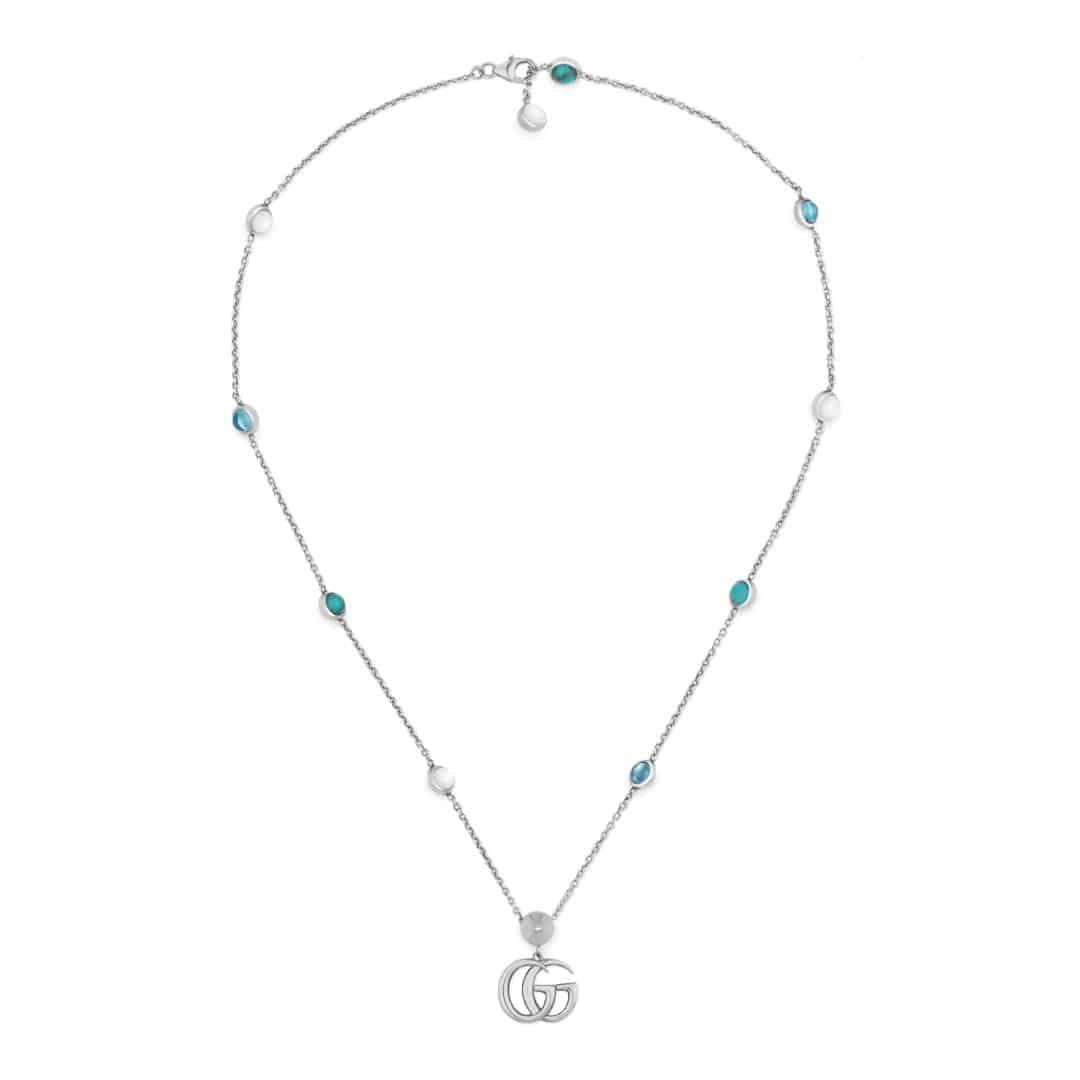 Gucci GG Marmont Pendant Necklace in Sterling Silver with Mother of Pearl and Topaz