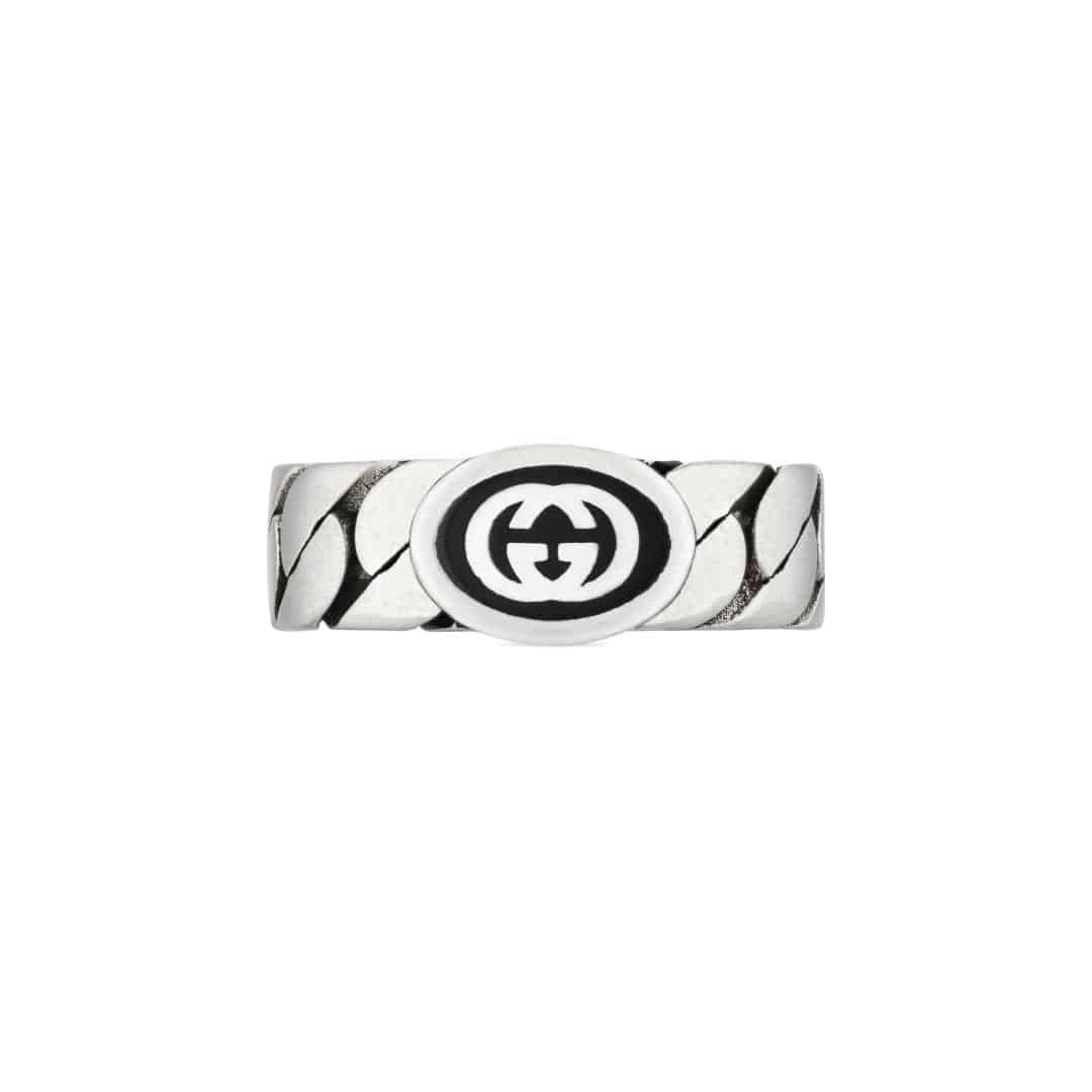 Gucci Silver Interlocking G Ring in Sterling Silver with Black Enamel