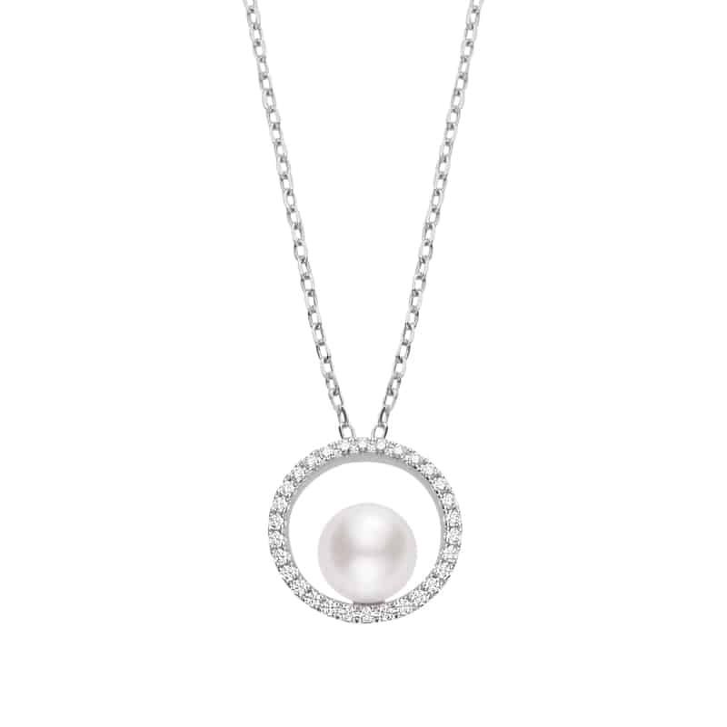 Mikimoto Akoya Cultured Pearl Circle Pendant with Diamonds in 18K White Gold