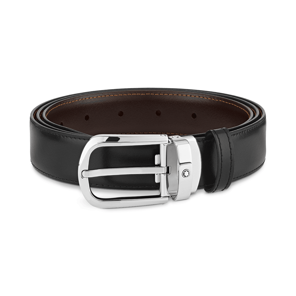 Montblanc Horseshoe buckle black/brown 30 mm reversible leather belt, Shiny Stainless Steel Pin Buckle, 1/4