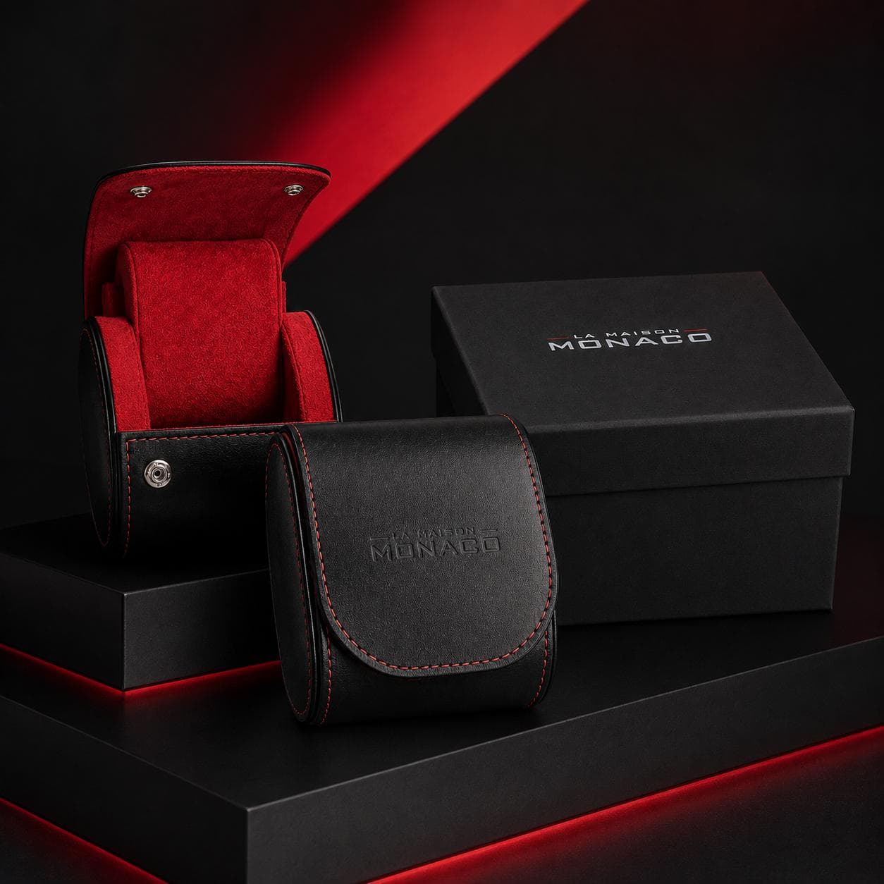 Black La Maison Monaco single-watch travel pouch with red interior and presentation box