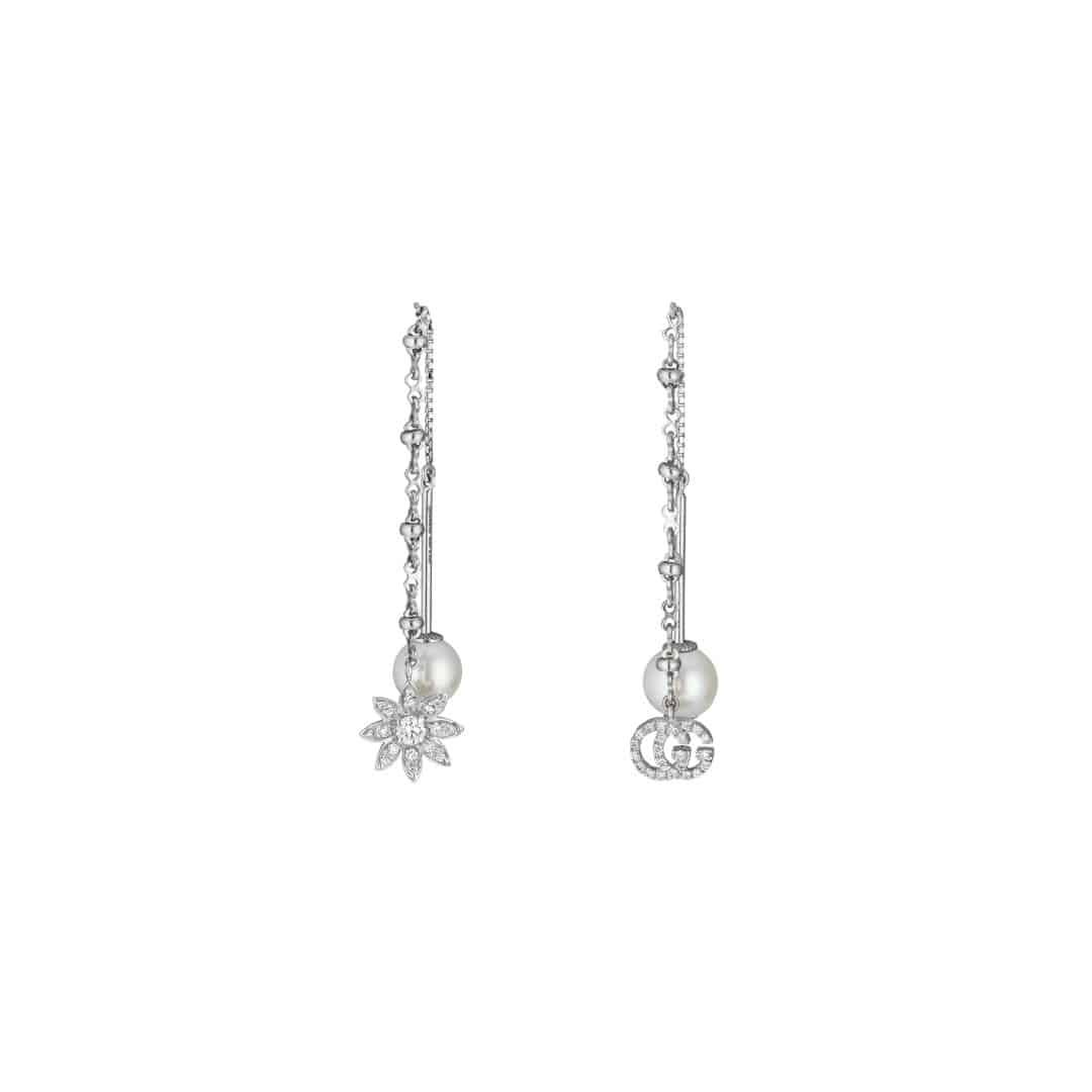 Gucci Flora Small Earrings in 18kt White Gold with Pearls and Diamonds
