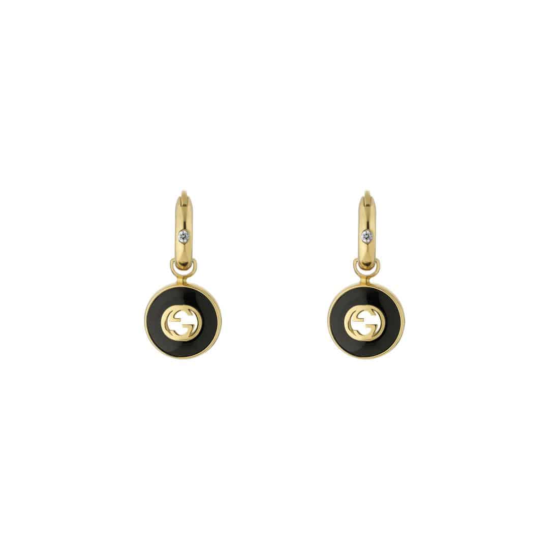 Gucci Interlocking G Earrings in 18kt Yellow Gold with Onyx and Diamonds