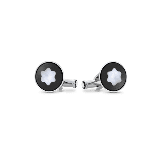 Montblanc Cufflinks, round in stainless steel with black PVD inlay and mother-of-pearl snowcap emblem