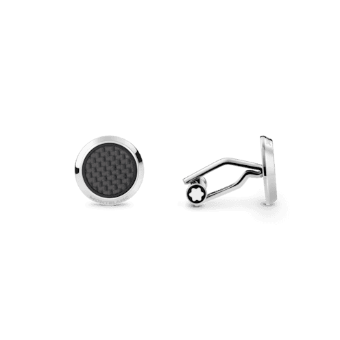 Montblanc Cufflinks, round in stainless steel with carbon-patterned inlay