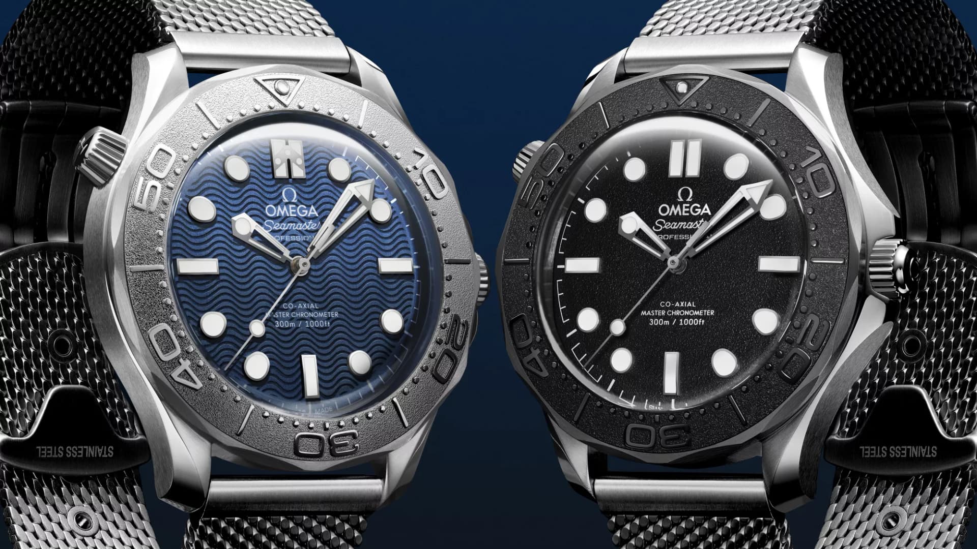 OMEGA Seamaster Diver 300M Bond Edition with blue dial beside the Spectre Edition with black dial, both on steel mesh bracelets